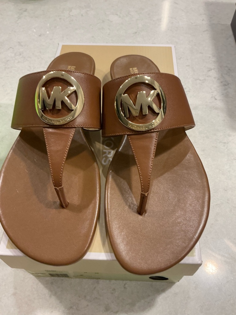 Michael Kors Tan Leather MK Medallion Thong Sandals offers ok